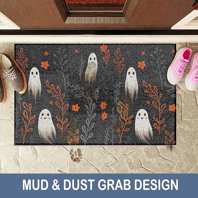 Halloween Ghost Door Mat, Dark Academia Floral Ghost Doormat Non-Slip for Front Door Porch Indoor Outside Entrance Entryway, Spooky Halloween Botanical Welcome Mat, 17x30 Inch
