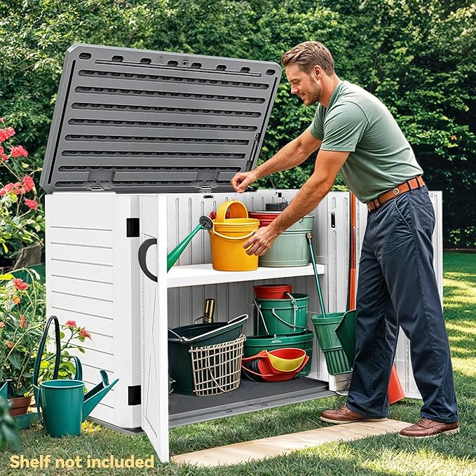 DWVO Outdoor Storage Shed, Weatherproof Resin, 35 Cu Ft Capacity, Horizontal Design, X-Shaped Lockable Door, Suitable for Bike, Garden Tools, Trash Cans, Light Gray