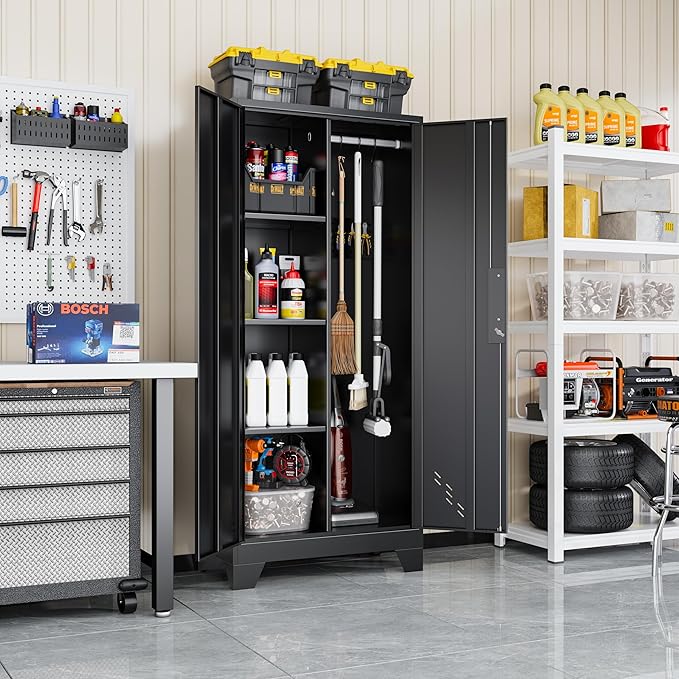 61" Broom Closet Storage Cabinet, Metal Storage Cabinet with Doors, Utility Cabinets for Brooms and Mops, Cleaning Tool Cabinets for Garage, Laundry Room, Bathroom