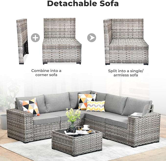 ovios 6 Pieces Patio Furniture Set, Outdoor Wicker Sectional Sofa with Glass Table Comfy Cushions, Modern Modular Deep Seat Couch Rattan Conversation Set, Dark Grey