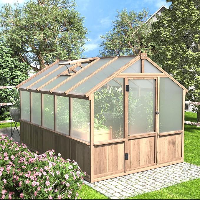 BlueWish 8x10 FT Greenhouse Kit, Wood Greenhouses with 6MM Polycarbonate Panel, Green House with Adjustable Vent & Lockable Door, Walk-in Greenhouse for Outside, Garden, Backyard
