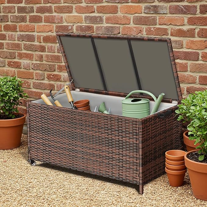 AVAWING 70 Gallon Wicker Deck Box, Outdoor Storage Container with 2 Universal Wheels & Hinged Lid, Patio Rattan Furniture for Garden Tools, Pillows, Pool, Brown