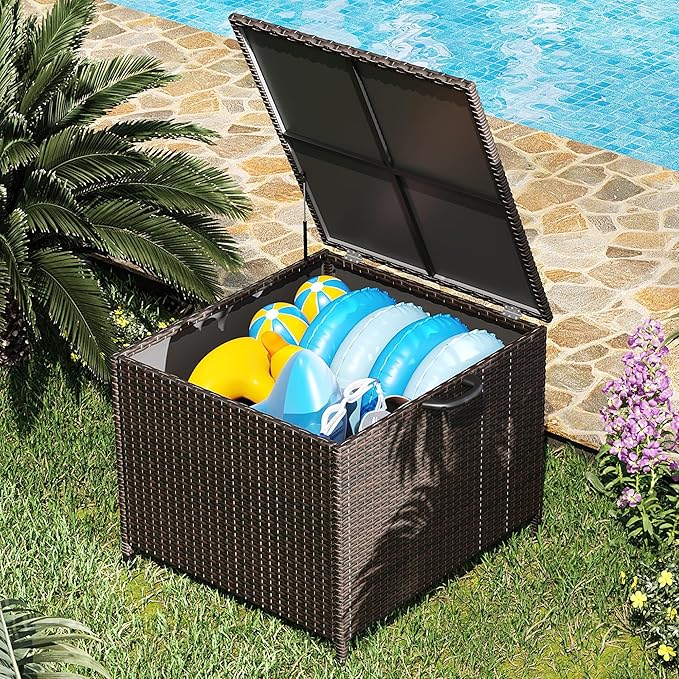 80 Gallon Deck Box, Outdoor Patio Storage Box, Wicker Patio Deck Boxes with Lid, Waterproof and Weather-resistant, Outdoor Furniture for Cushion,Pillows,Indoor, Pool, Balcony, Yard, Garden(Brown)