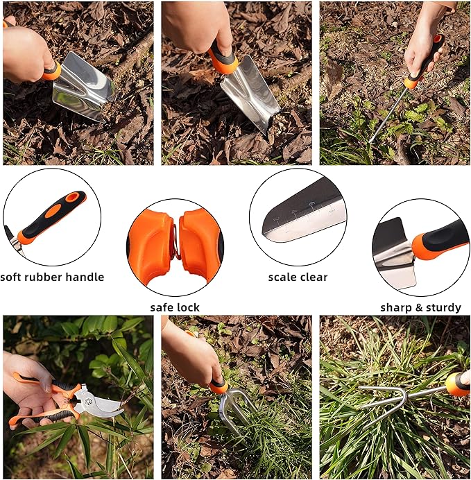 Gardening Tool Set, Stainless Steel Heavy Duty Gardening Kit with Ergonomic Handles, Durable Gardening Bag, Ideal Gardening Tool Set - Suitable for Men and Women (Orange, 7Piece)