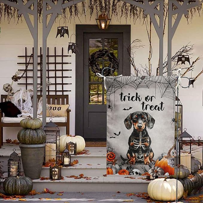 Halloween Dachshund Garden Flag Trick or Treat Yard Sign Ghost Wiener Dog Skeleton Banner for Outside 12x18 Double Sided Outdoor Lawn Decor Small