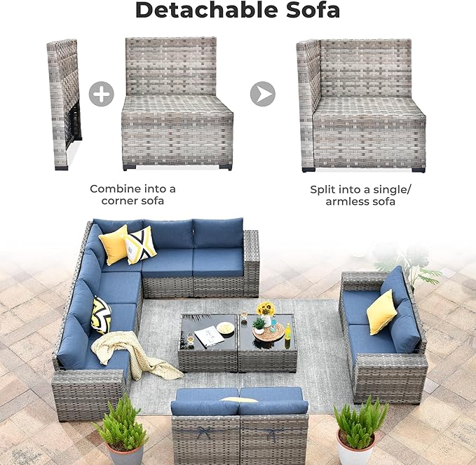 ovios 12 Pieces Patio Furniture Set, Outdoor Wicker Sectional Sofa with Glass Table Comfy Cushions, Modern Modular Deep Seat Couch Rattan Conversation Set, Denim Blue