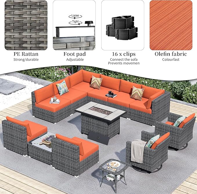 HOOOWOOO 13 Piece Patio Sectional Furniture Set with Fire Pit Table,Modern Wicker Outdoor Conversation Sofa Sets,All Weather Modular L Shaped Outside Couch Swivel Chair Set(Orange Red)