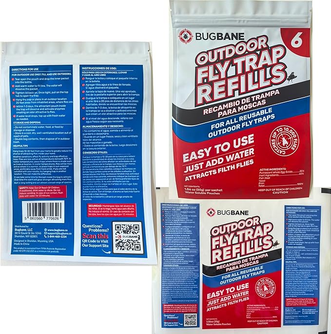Fly Bait Fly Trap Refill Packets 6x1oz. Non Toxic Dissolvable Granules Work with All Reusable Flies Traps Outdoors Attractant. Flies Trap Bait Magnet Ranch Flytrap Outdoors. Cebo para Moscas