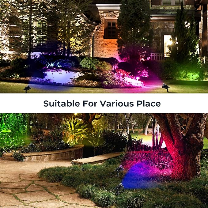 Yard Spot Lights Outdoor, Color Changing Spotlights Timer IP65 Waterproof LED Landscape Lighting with Remote Dimmable Pathway House Garden Lawn Uplights (8 in 1)