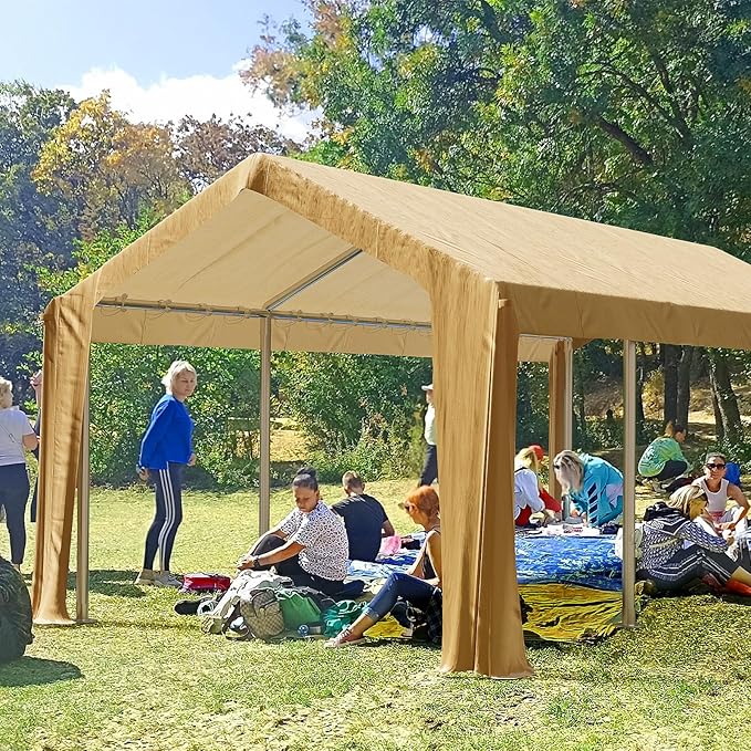 GAOMON 10x20 Ft Carport Heavy Duty Canopy, Portable Garage with Removable Sidewalls Doors & Windows, All Season Waterproof Tarp Outdoor Storaeg Shed for Car Truck Boat Party, Khaki