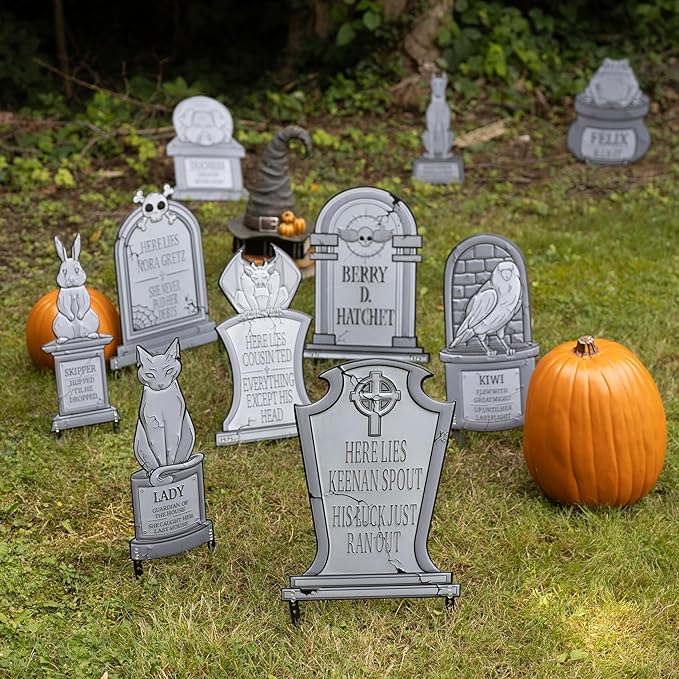 3-D Metal Halloween Pet Cemetery 17" Tombstones - Full Set of 6 w Stakes -Durable, Rustproof, UV Raised Printing- Upgrade Your Haunted House Mansion Cemetary Lawn Decor- No More Flimsy Foam Graveyards