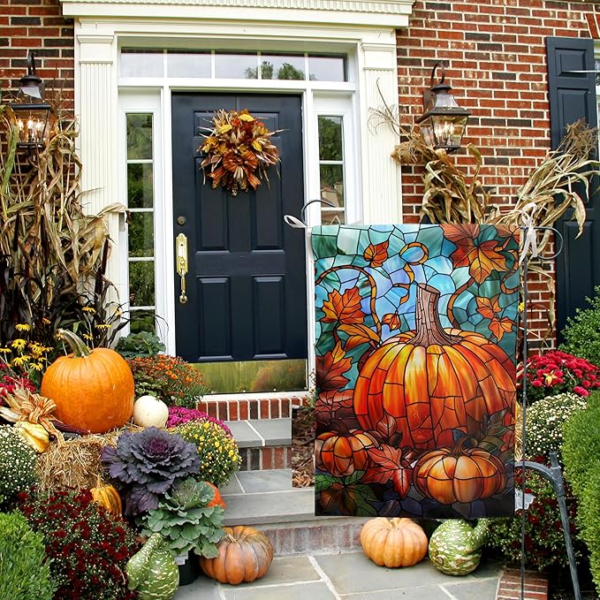 Pumpkin Fall Garden Flag Autumn Yard Flag Stained Glass Thanksgiving Outdoor Flag 12x18 Double Sided Small Harvest Flag for Outside Porch Lawn Decor
