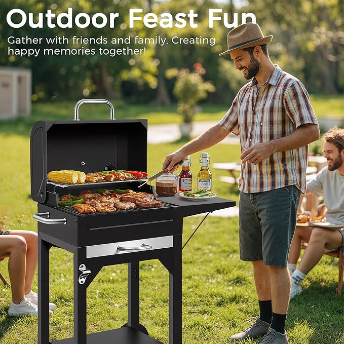 Charcoal Grill, Outdoor BBQ Grill with Side Table and Grease Tray, Double Layer Heavy-duty Steel Smoker Grill with Thermometer and Wheels for Outdoor Picnic, Patio, Backyard, Camping Cooking, Black