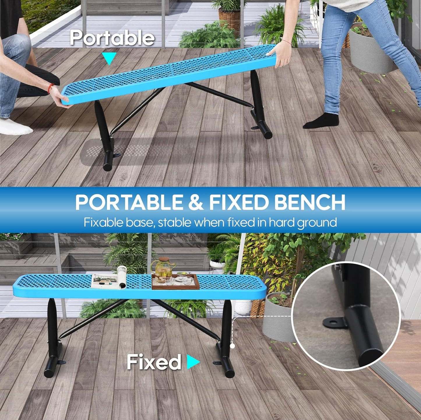 6 Feet Heavy Duty Metal Park Bench for Outside, Outdoor Bench with Portable Frame, Commercial Benches for Shopping Mall, Store, Park, Patio, Deck, Blue