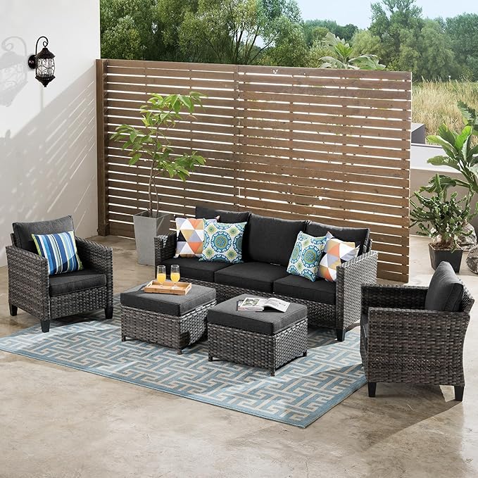 ovios Patio Furniture Set, 5 Pieces Outdoor Wicker Sofa Couch with Chairs, Ottomans and Comfy Cushions, All Weather High Back Rattan Conversation Set, Black