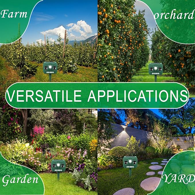 Ultrasonic Animal Repellent Outdoor Deer Repellent Devices Solar Powered,Squirrel Repellent Motion Detection, Waterproof Cat Dog Deterrent Rabbit Fox Pest Raccoon Rodent Repellent for Yard Farm Garden