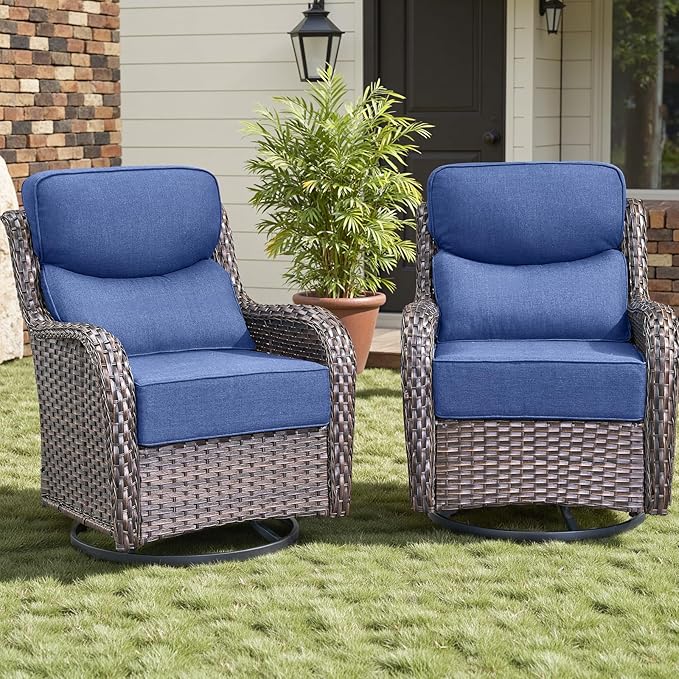 Outdoor Patio Swivel Rocker Chairs Set of 2, Waterproof Wicker, High Back, Deep Seating, Wide Armrest, Upgraded 6 inch Thick Cushions, Ideal for Deck Porch Backyard, Brown/Blue