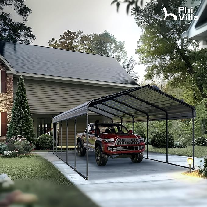 PHI VILLA Outdoor Carport Canopy 12' x 25', Metal Carport Tent Heavy Duty, Garage Car Shelter Shade with Metal Roof, Frame and Bolts for Car, Truck and Boat