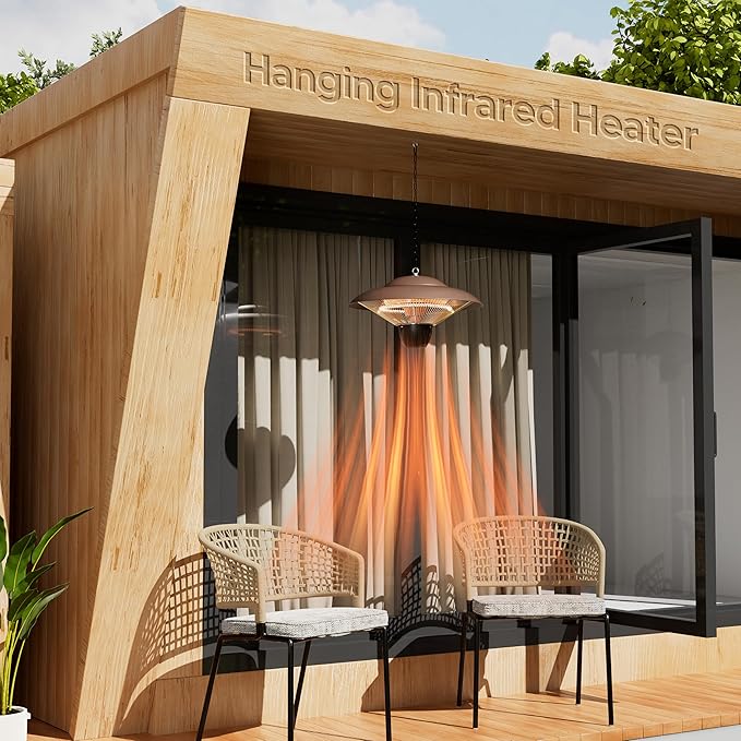 Patio Heater for Outdoor Use 1500W Electric Infrared Hanging Heater, Ceiling Mounted, Waterproof for Porch, Garage, Balcony, Overheat Protection Brown