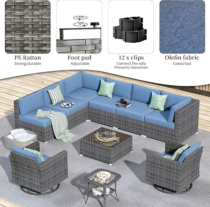 HOOOWOOO 10 Piece Patio Sectional Furniture Set with Swivel Rocking Chairs,Modern Wicker Outdoor Conversation Sofa Sets,Weather Resistant Modular L Shaped Outside Couch Set(Denime Blue)