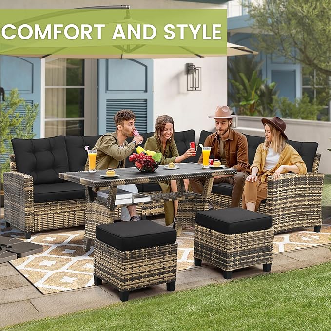 6-Piece Outdoor Patio Furniture Set - Sectional Sofa, Dining Table & Chairs Included, All-Weather Dining Set with Ottoman, Natural Wicker and Black Cushions