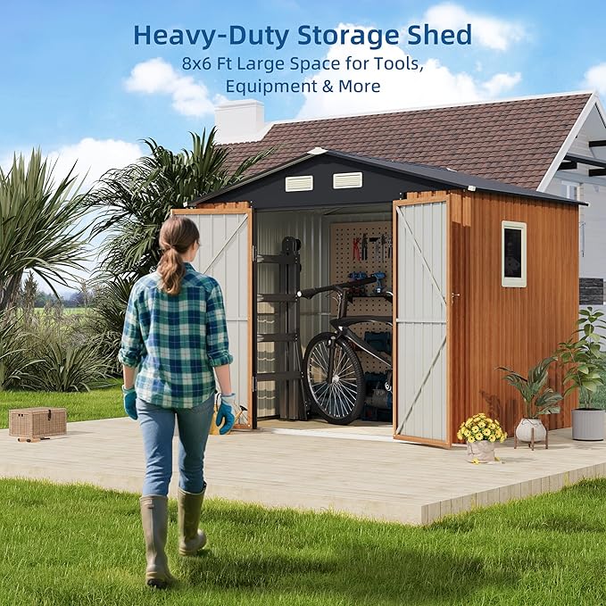 8x6FT Outdoor Storage Shed, Metal Garden Shed with Floor Base, Lockable Doors and Window, Large Tool Shed for Backyard, Patio and Lawn