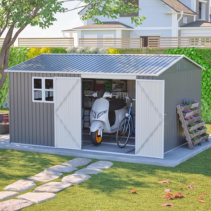 12x10 FT Outdoor Storage Shed with Floor Frame & Window, Heavy Duty Metal Garden Tool Shed with Double Lockable Doors, Waterproof Backyard Utility Shed for Bikes, Lawn Mowers, Tools, Equipment