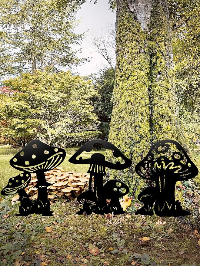 Metal Yard Art,Cute Mushroom Silhouette,Metal Plants Garden Decor Outdoor,Lawn Ornaments, Garden Gift