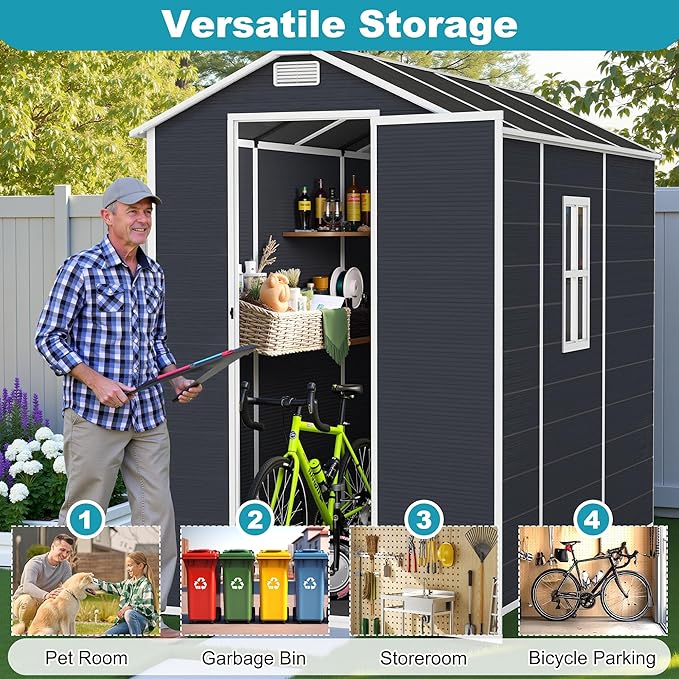 4x8 FT Plastic Outdoor Storage Shed, Resin Plastic Tool Shed with Lockable Doors & Peaked Roof, Garden Shed with Side Window & Floor, for Backyard Garden Patio Lawn, Dark Gray