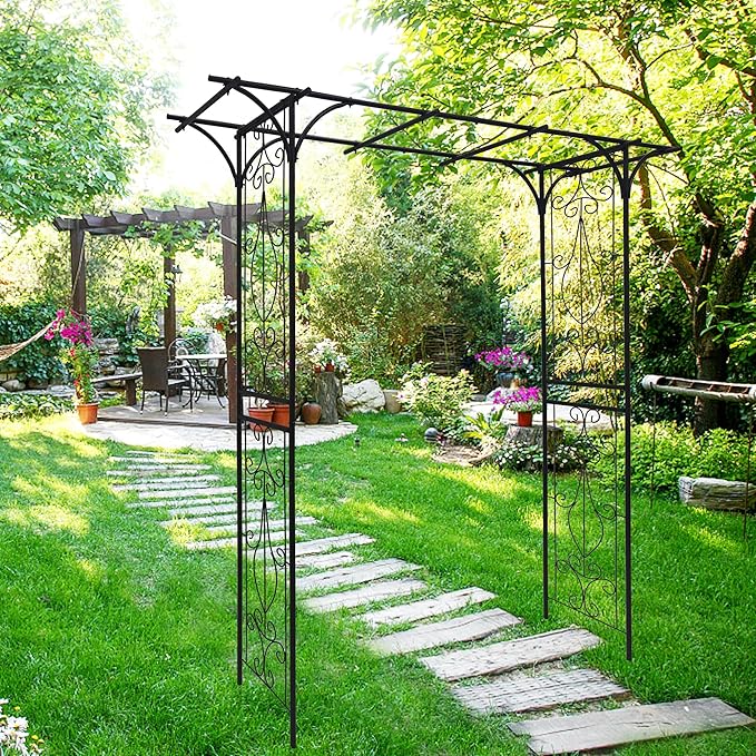 Metal Garden Arch, Garden Arch Trellis for Climbing Plants Outdoor, Garden Arbor for Weddings Party Events Decoration, 80" L X 20.5" W X 81" H, Black
