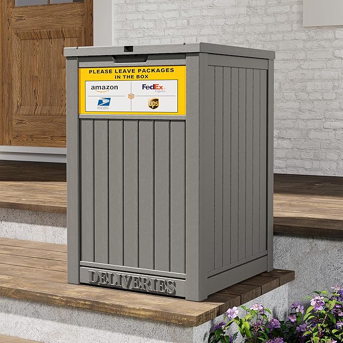 49 Gallon Package Delivery Boxes for Outside, Outside Storage Box Waterproof with Sign, Lockable Storage Box, Large Double-Walled Resin Weatherproof Deck Box for Porch and Patio, Grey