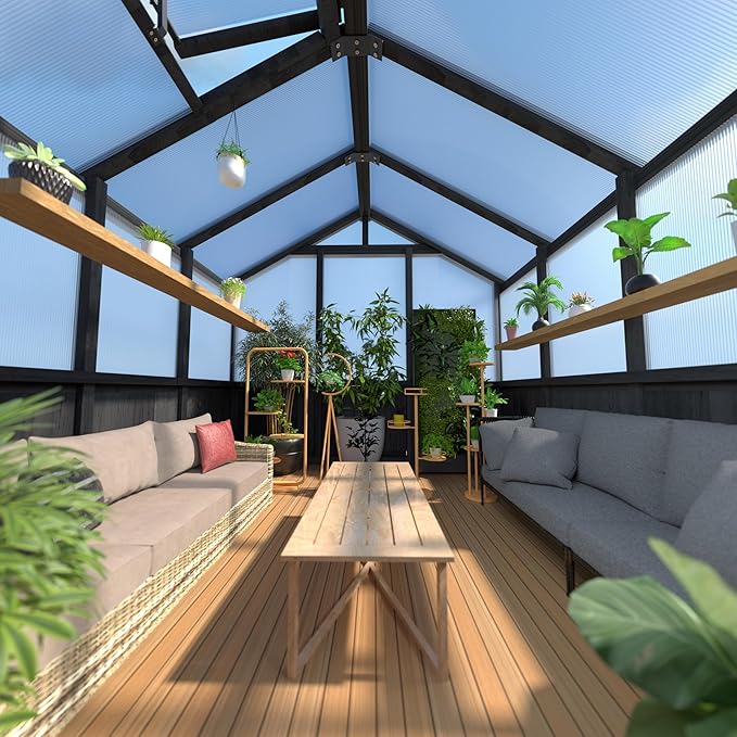 MUPATER 6 x 8 FT Walk-in Wooden Polycarbonate Greenhouse with Ventilated Window & Lockable Door, Multi-Layer PC Panels for UV Protection, Greenhouse Kit for Outdoor, Garden and Backyard, Black