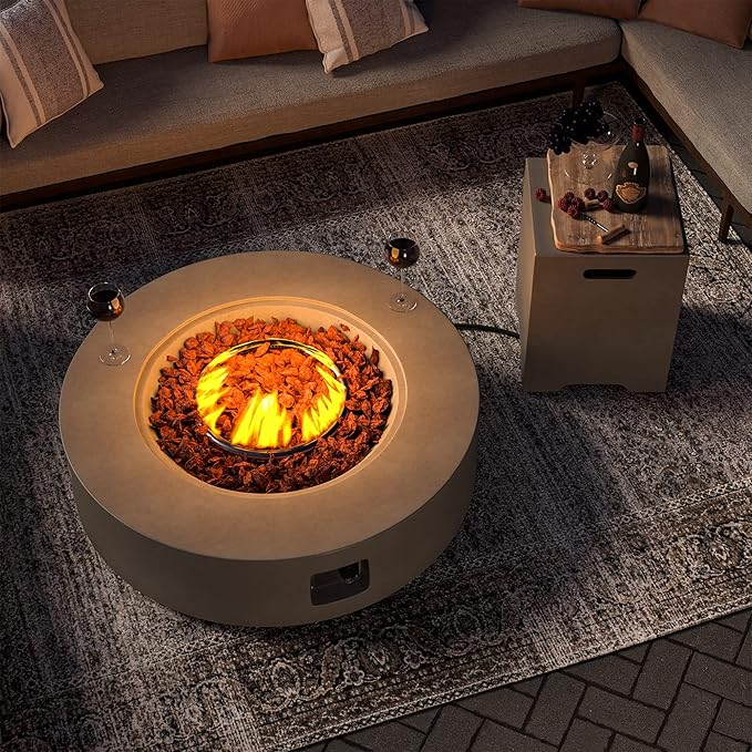 SUNBURY Outdoor 42 Inch Propane Fire Pit Table, Circular Gray Patio Fire Table 50,000 BTU w 20 lbs Tank Cover, Waterproof Cover, Free Lava Rocks