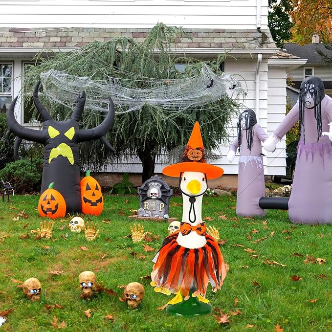 3 Pcs Halloween Porch Goose Outfits,Porch Goose Halloween Costume Pumpkins Style Goose Outfit Bow Tie and Hat for Garden Decoration Party Patio Yard Orange