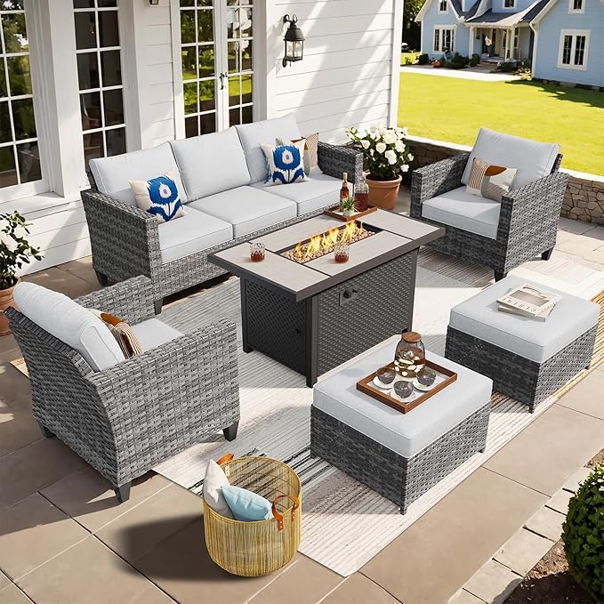 ovios Patio Furniture Set, 6 Pieces Outdoor Wicker Sofa Couch with Fire Pit Table, Ottomans and Comfy Cushions, All Weather High Back Rattan Conversation Set, Grey