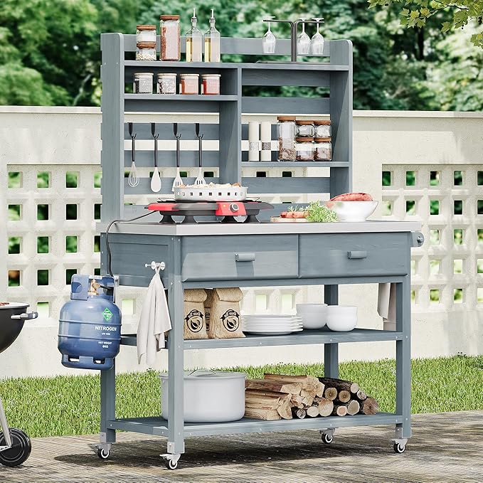 Polibi 64.9"H Outdoor Potting Bench Table with Lockable Wheels,Solid Fir Wood Outdoor Kitchen Island with Upper Hutch,Stainless Steel Top,Towel Rack,Outdoor Storage for Grilling,Lawn Garden(Grey Blue)