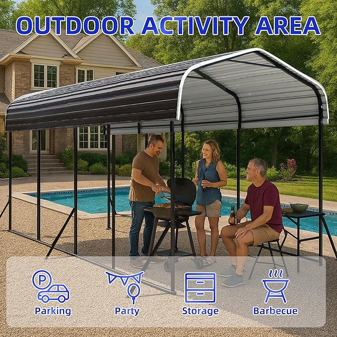 12x24 Metal Carport with Base Fixings Heavy Duty Garage Outdoor Chrome Plated Frame and Sheet Metal Construction Suitable for Boats, Cars, Tractors and Agricultural Equipment, Dark Gray