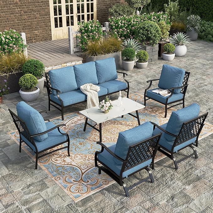 HERA'S HOUSE 6 Piece Patio Furniture Set, 2 x Rocking Chair, 2 x Fixed Chair, 1 x 3-Seat Sofa with Marbling Coffee Table, All Weather Outdoor Conversation Set for Lawn Garden Backyard, Navy Blue