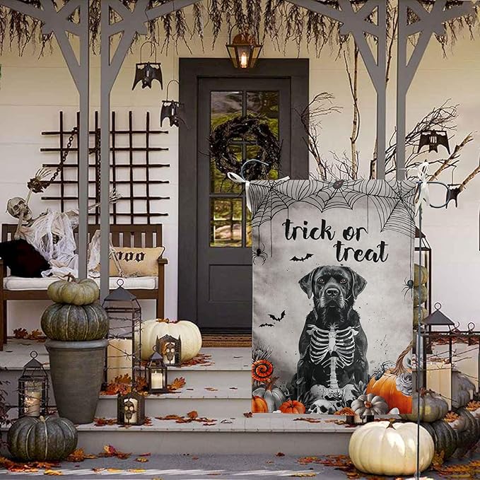 Halloween Black Lab Garden Flag Trick or Treat Yard Flag Ghost Labrador Dog Garden Flags for Outside 12x18 Double Sided Mini Skeleton Halloween Decor Outdoor Lawn Welcome Flag