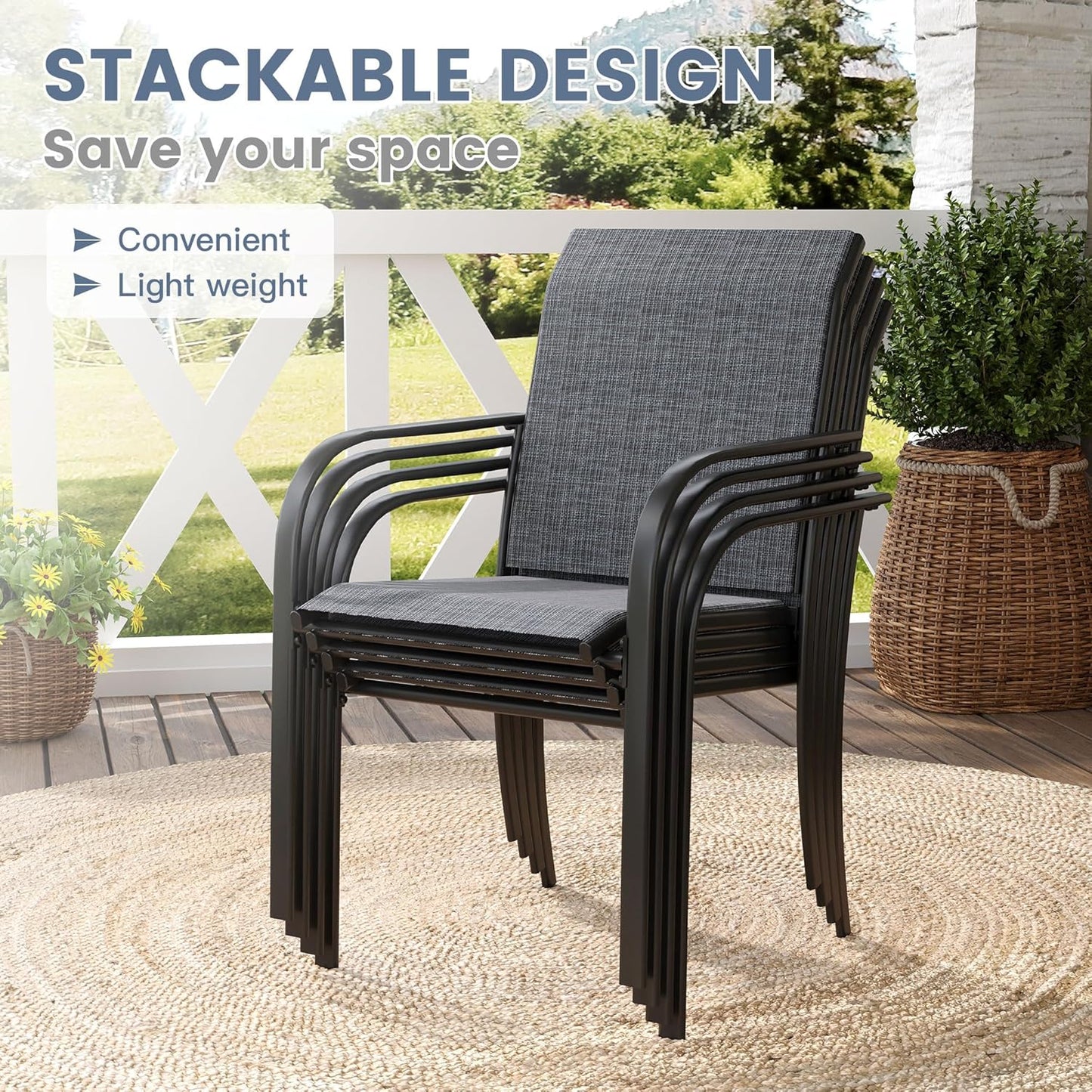 VICLLAX Patio Dining Set for 8, Outdoor Furniture Set Includes 53" Round Patio Table and 8 Patio Sling Chairs, Grey Tabletop and Grey Fabric