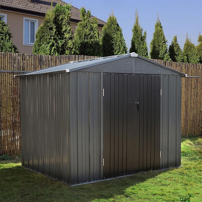 MUPATER 10' x 10' Outdoor Storage Shed with Double Doors, Garden Metal Shed, Utility Tool Shed Storage for Backyard, Patio and Lawn with Vents, Grey