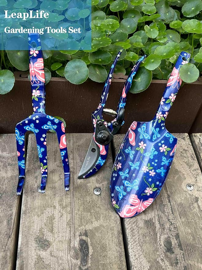 Pruning Shears, Large Soil Shovel, Dirt Rake, Gardening Daily Loosening and Pruning, Non-Slip and Durable, Gift for Men and Women (Gardening Tools Aluminum Set) (Dark Blue Flower 3 PCS Tool)