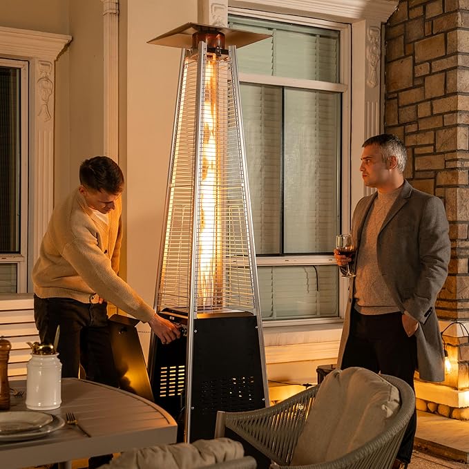 Nuu Garden Outdoor Propane Patio Heater, 48,000 BTU Pyramid Outdoor Heater with Wheels, Hammered Bronze Tower Portable Heater with Quartz Glass Tube, Black