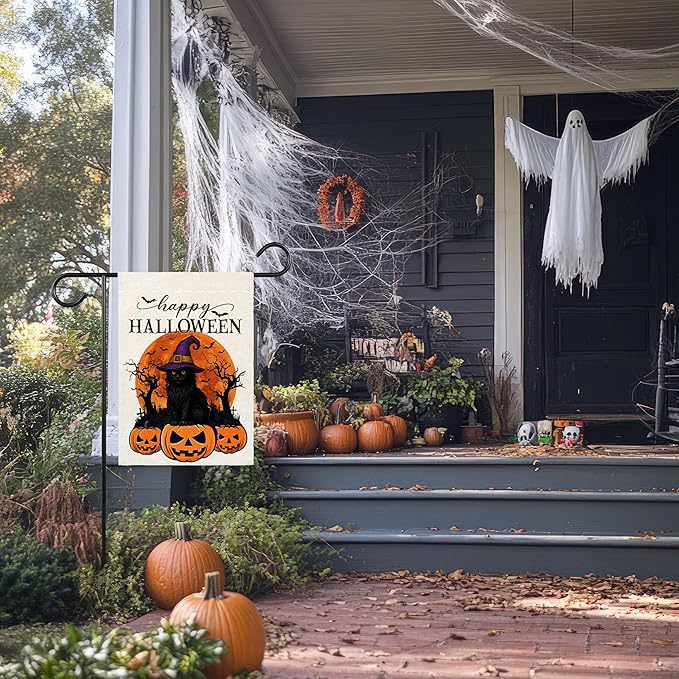 Happy Halloween Garden Flag for Outside, 12x18 Inch Double Sided Halloween Black Cat Witches Hat Pumpkin Bats Yard Flag, Farmhouse Small Yard Flags for Outdoor Decorations, Holiday Decor Gifts-A06
