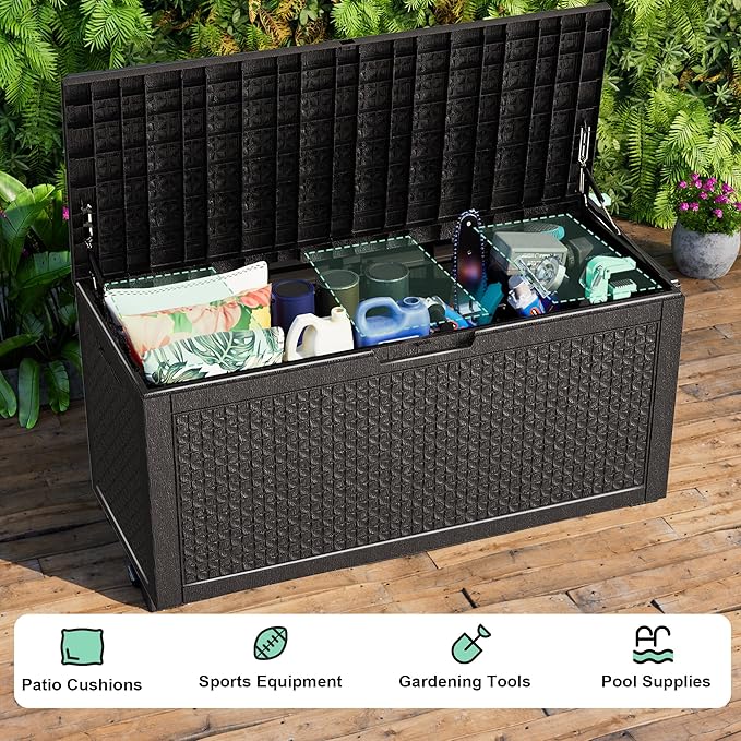 100 Gallon Outdoor Storage Box Waterproof, UV Resistant Resin Deck Box with Hydraulic Rod, Reinforced Stability for Patio, Garden, Quad Leaf Black