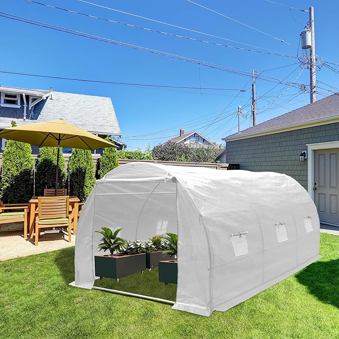 9.8x6.5x6.5 Ft Walk in Greenhouse, Portable Greenhouse, Greenhouse Tunnel, Heavy-Duty Outdoor Greenhouse with Watering System, Roll-up Zipper Door and Window for Outdoor, PE Cover, White