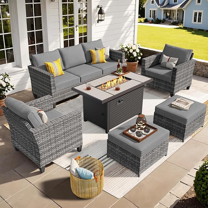 ovios Patio Furniture Set, 6 Pieces Outdoor Wicker Sofa Couch with Fire Pit Table, Ottomans and Comfy Cushions, All Weather High Back Rattan Conversation Set, Dark Grey