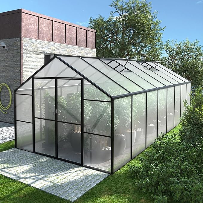 VEIKOU 8' x 16' Polycarbonate Greenhouse for Outdoors, Walk-in Green House with 2 Vents, Aluminum Frame, Riveted Structure, Greenhouse Kit for Outdoor Backyard, Garden, Gray