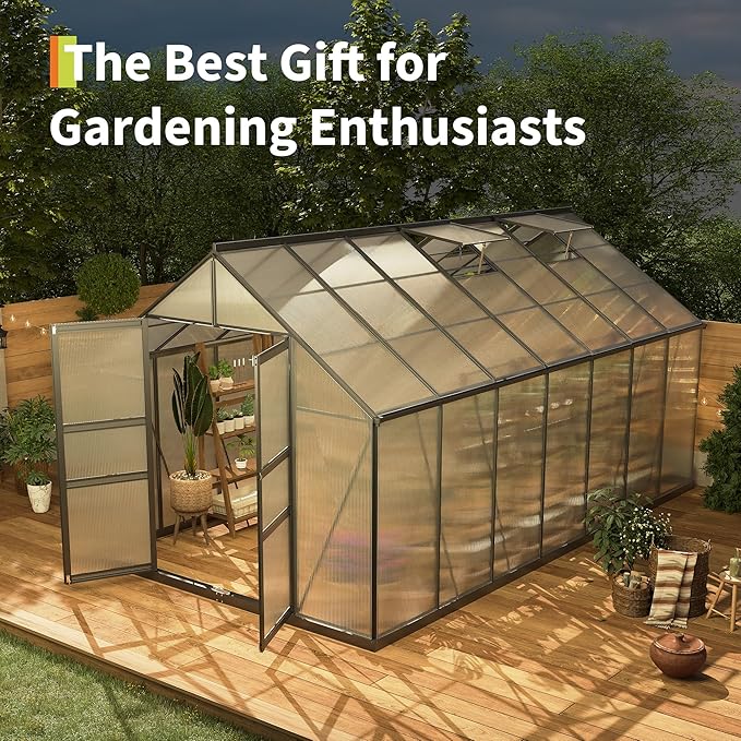 Greenhouses for Outdoors, Polycarbonate Greenhouse with Quick Setup Structure & Roof Vent, Heavy Duty Frame Walk-in Green Houses for Outside Garden Backyard