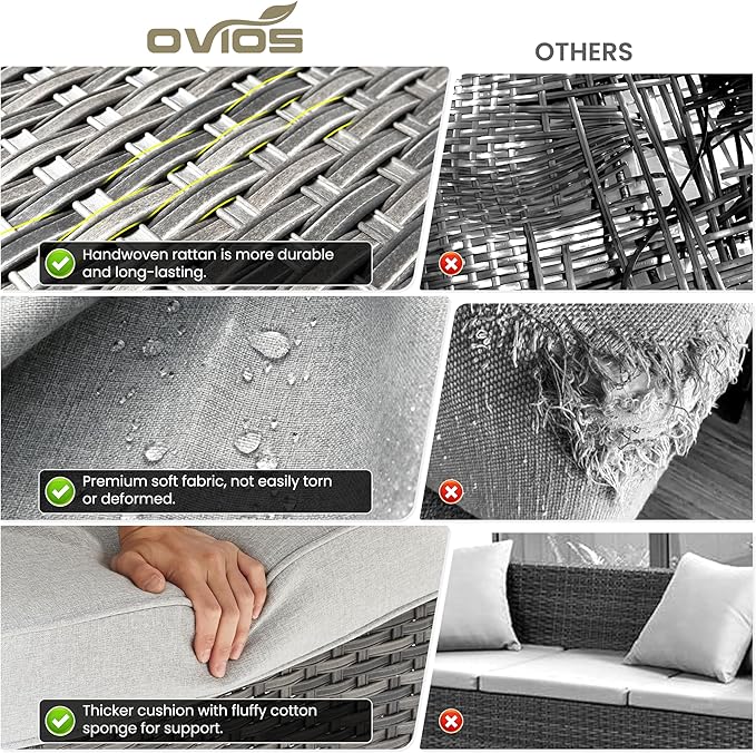 ovios 5 Pieces Patio Furniture Set, Outdoor Wicker Sofa Couch with Swivel Chairs Solar Lights Table, All Weather High Back Modern Conversation Sets, Grey Rattan, Grey